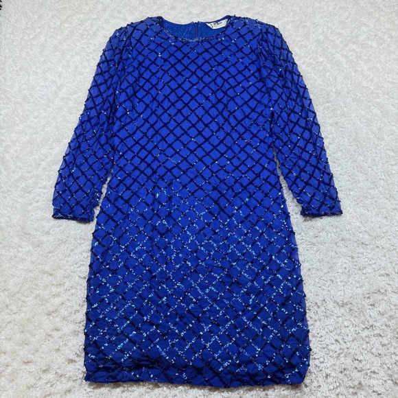 Vintage Niteline Dress 12 Royal Blue Beaded Sequin Party Cocktail 80s VTG Deco - Picture 1 of 15